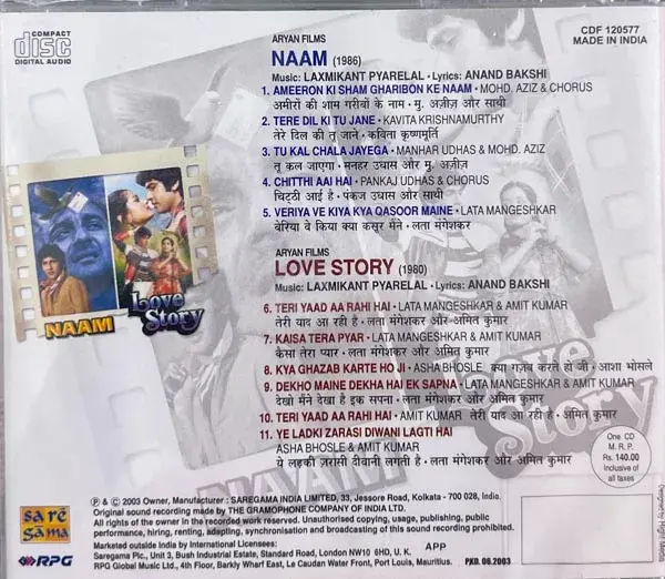 Naam and Love Story  audio cd -Hindi Film Songs - Saregama CDNF 120577
