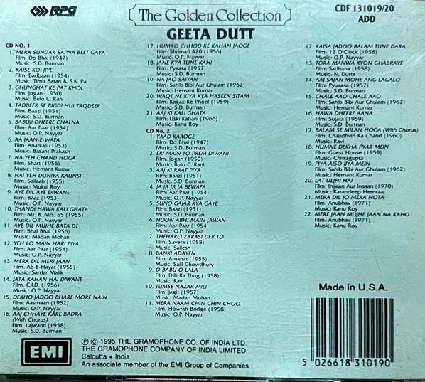 The Golden Collection -Geeta Dutt -2 cd pack -Hindi Film Songs - EMI Made In USA