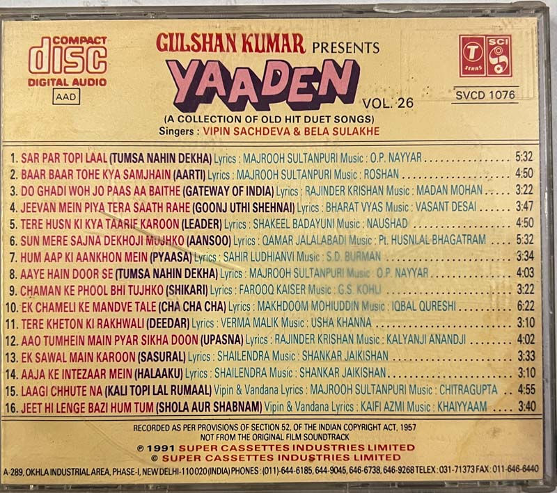 Thumbnail: Yaaden vol.26 audio cd - Hindi FilmSongs - T Series SVCD 1076