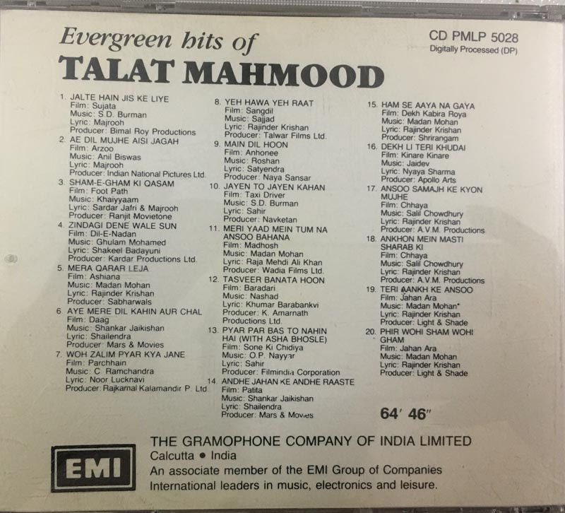 Hits of Talat Mahmood audio cd- Hindi Film Songs -EMI CDPMLP5038 Made in England