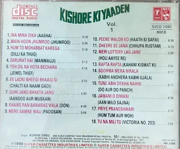Thumbnail: Kishore Kumar Vol.1 audio cd - Tamil Film Songs - T Series SVCD 1040