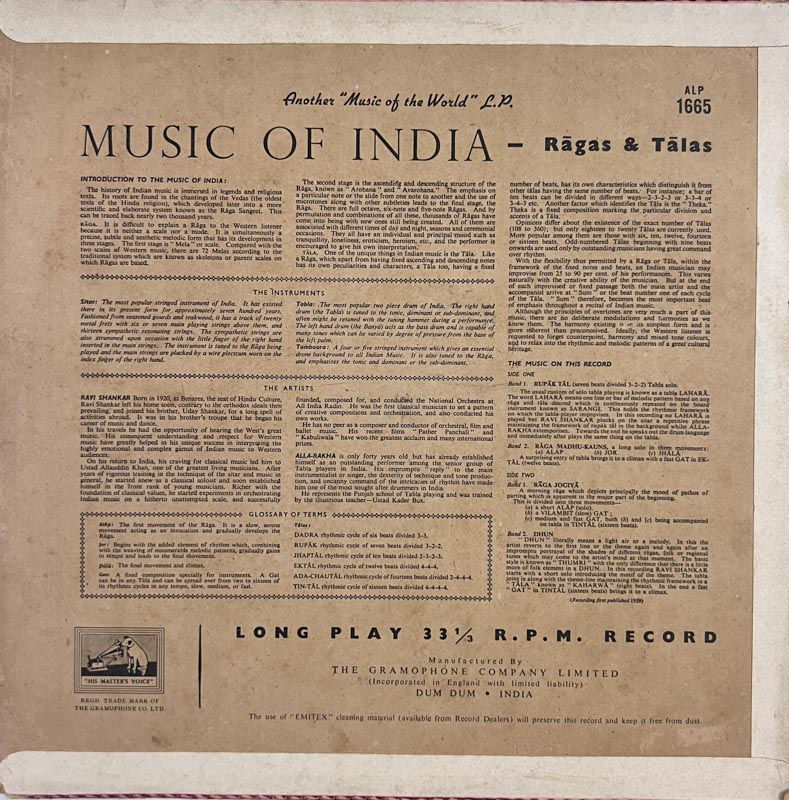 Music of India Ravi Shankar  with Allah Rakka LP - Instrumental   - HMV