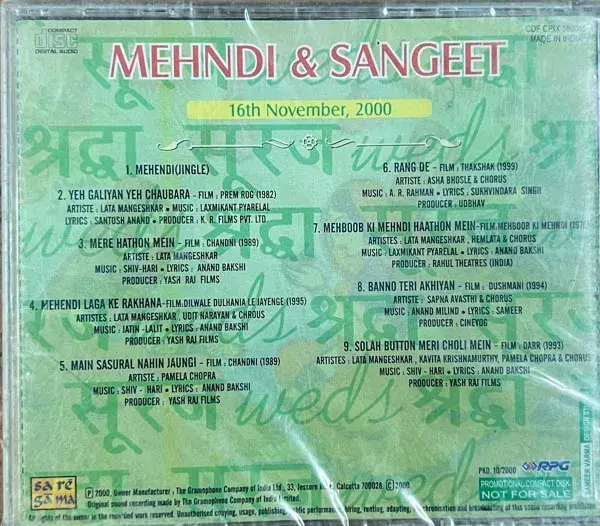 Mehndi & Sangeet audio cd - Hindi Film Songs - Sealed-Saregama CDF CPIX 180015