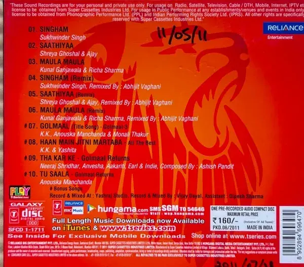 Thumbnail: Singham Audio Cd - Hindi Film Songs - T-series SFCD 1-1711