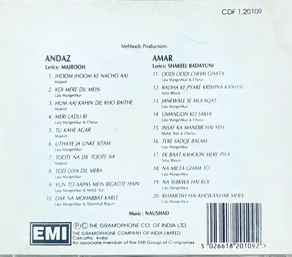 Andaz and Amar audio cd - Hindi Songs  - EMI CD PMLP 5455 Made In England