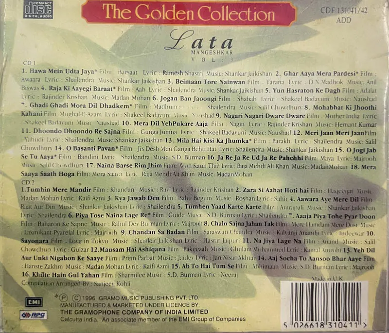 The Golden Collection Lata Mangeshkar CD -  Hindi songs - 2 CD Pack EMI UK