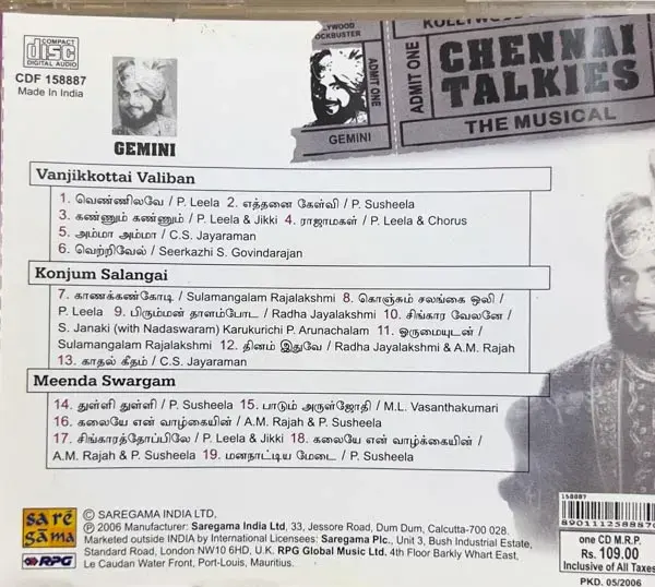 Chennai Talkies Gemini audio cd - Tamil Film Songs - Saregama CDF 158887
