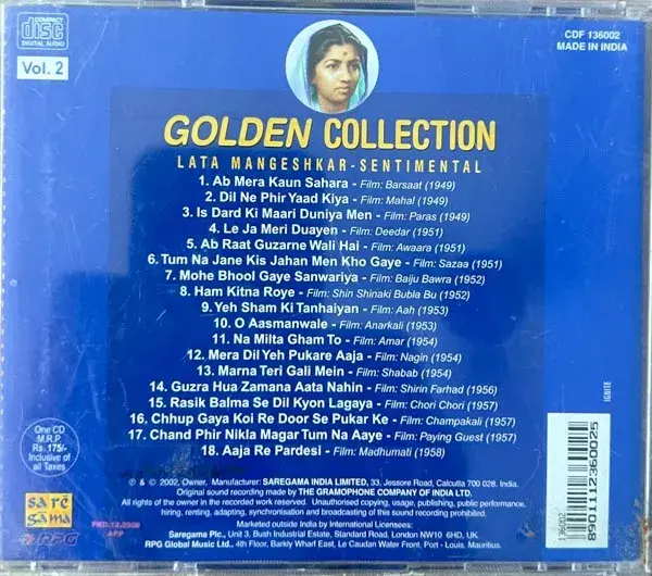 Late Mangeshkar - Sentimental audio cd - Hindi Film Songs - Sealed - Saregama