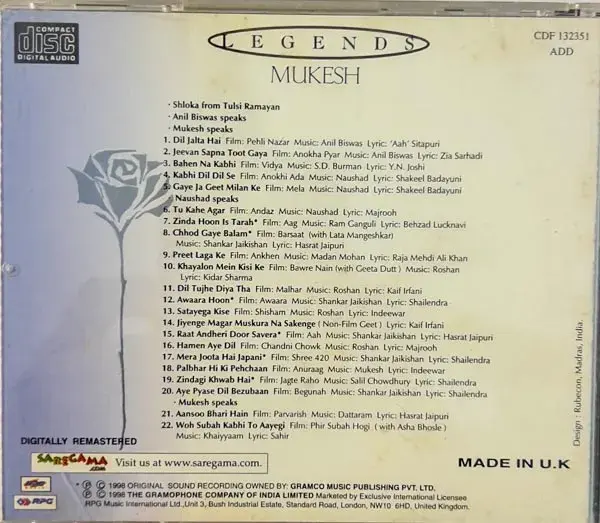 Legends - Mukesh audio cd - 5 cd pack - Hindi Film Songs -Saregama Made In UK