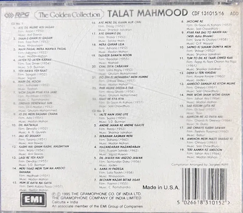 The Golden Collection - Talat Mahmood cd - Hindi Songs - EMI Made in USA- 2 CD
