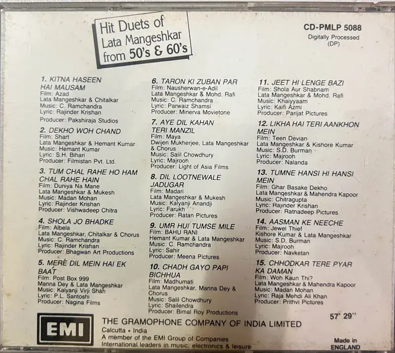 Hit Duets of Lata Mangeshkar from 50s & 60s CD -  Hindi Film songs - EMI England