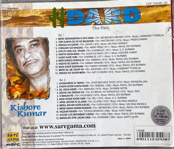 Dard Vol-2- Kishore Kumar audio cd - Hindi Film Songs - Saregama CDF 132428/29