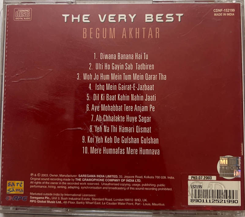 The Very Best Begum Akhtar Audio CD - Hindi Film Songs - CDF 152199 - Unused CD