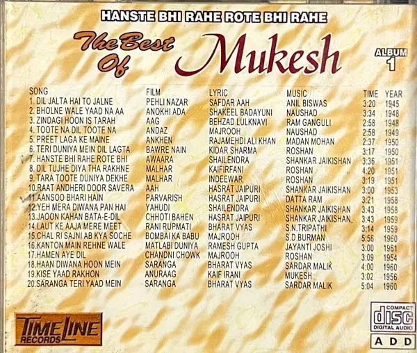 Thumbnail: Mukesh Album 1 audio cd - Hindi Film Songs - Time Line TLCD 38