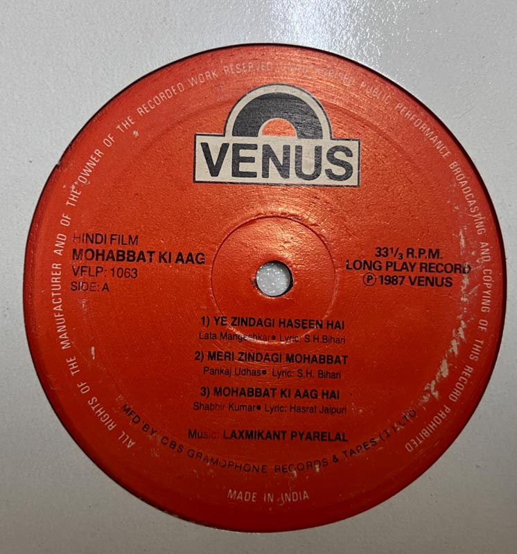 Mohabbat Ki Aag Vinyl Record 33.3 RPM - Hindi Film Songs - Venus 1063