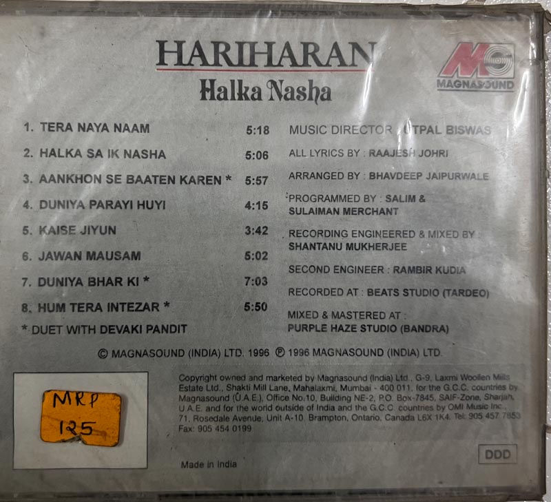 Hariharan Halka Nasha Audio Cd - Hindi Film Songs - D4-12092 - Sealed