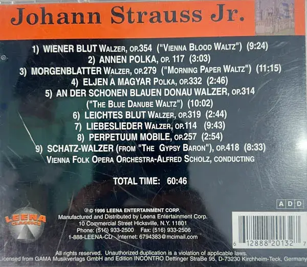 Johann Strauss Jr. Leena Classics audio cd - Western Classical