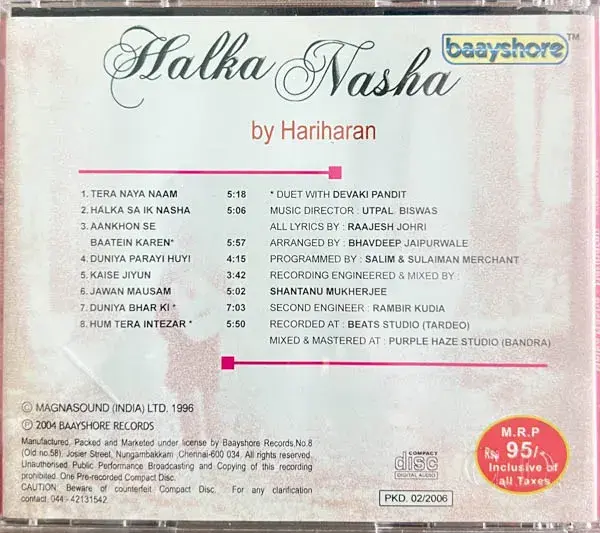 Halka Nasha By Hariharan audio cd -Classical - Bayshore CDGZ0198