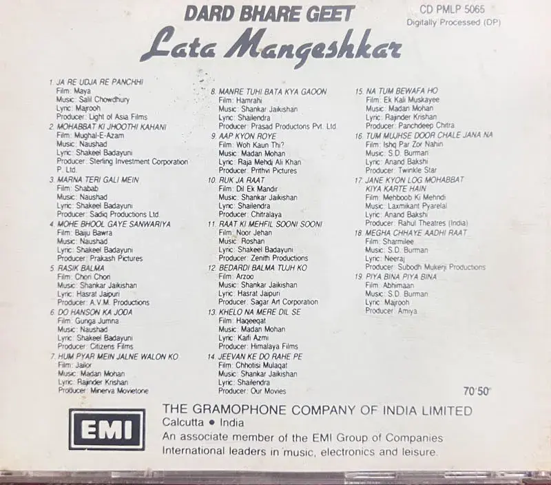 Lata Mangeshkar - Dard Bhare Geet audio cd - Hindi Film Songs - EMI England Made