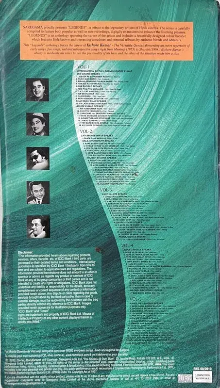 Legends Kishore Kumar cd- Hindi songs - 5cd Pack - Saregama CDIX 184384-388