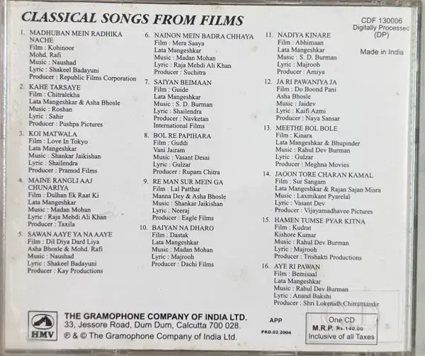 Classical Songs From Films audio cd - Hindi Film Songs - Saregama CDF 130006