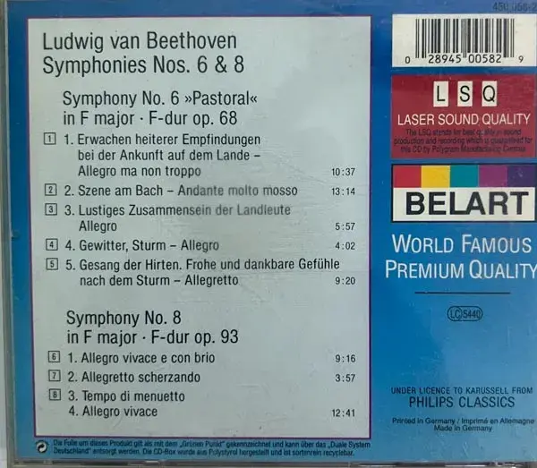 Beethoven - Symphonies Nos 6&8 audio cd - English Songs - Belart Made In Germany