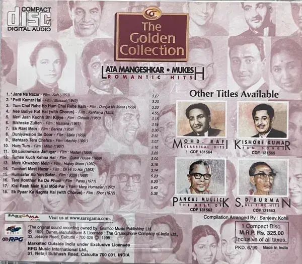 The Golden Collection - Mukesh Romantic Hits audio cd-Hindi Film Songs-Saregama