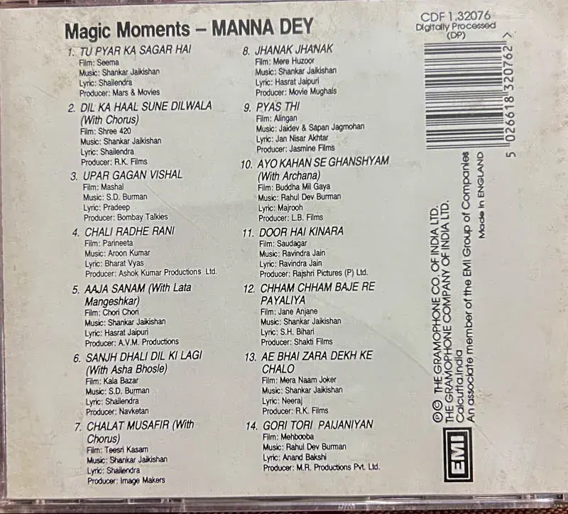 Magic Moments of Manna Dey audio cd - Hindi Film Songs - EMI Made in England