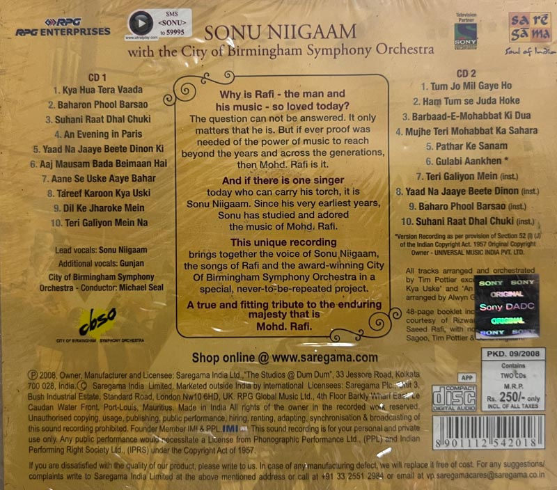 Sonu Nigam with the CBSO Audio Cd - Hindi Film Songs - Saregama CDNF 154201 -202