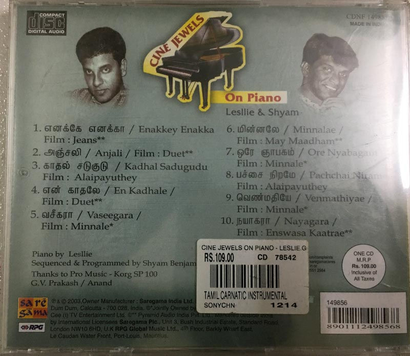 Cine Jewels On Piano audio cd - Tamil Film Songs - Sealed - Saregama CDNF 149856