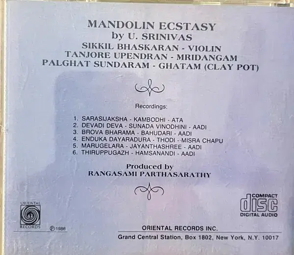 Mandolin Ecstasy by U.Srinivas audio cd - Classical - ORI AAMS CD 111