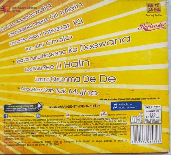 The Bartender audio cd - Hindi Film Songs - Sealed - Saregama CDNF 154279