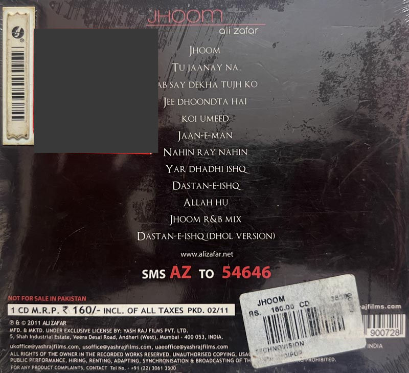 Thumbnail: Jhoom Ali Zafar audio cd -  Hindi Film Songs - Sealed - YRM CD 90072