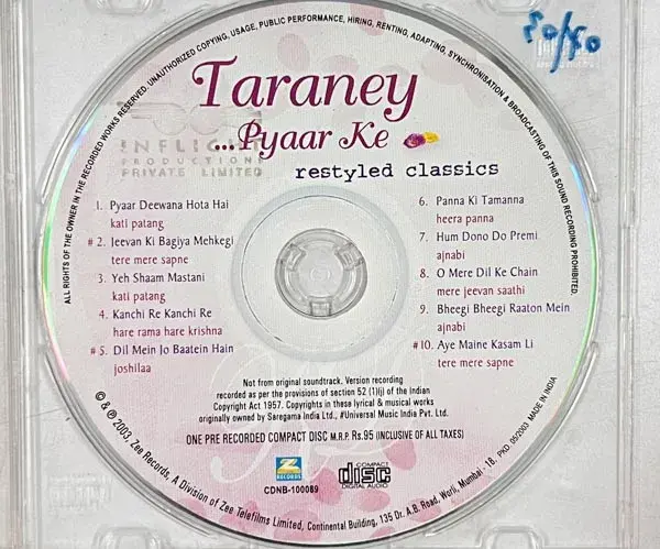 Thumbnail: Taraney Pyaar Ke Audio cd - Hindi Film Songs - Zee Records CDNB-100089