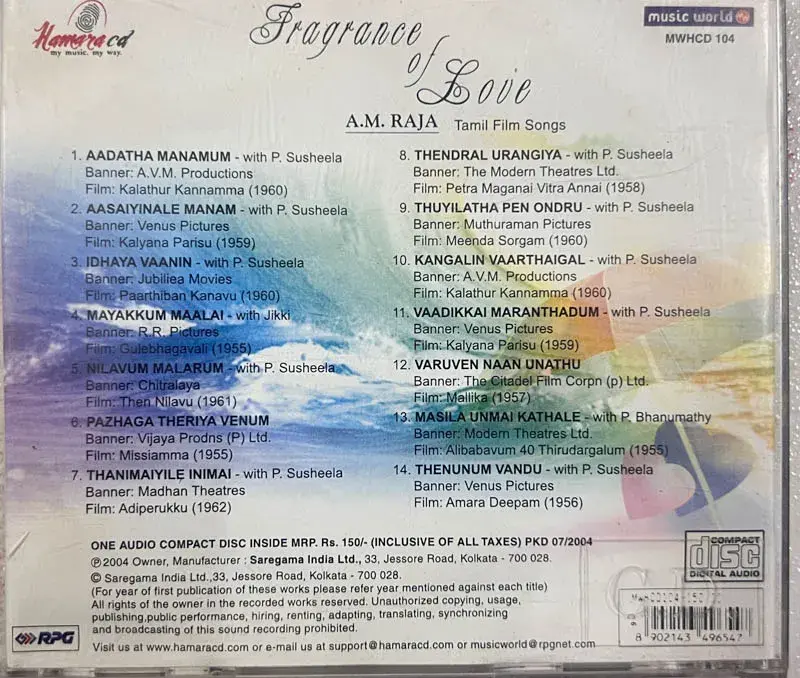 Fragrance Of Love by A.M Raja audio CD - Tamil Film Songs - RPG MWHCD 104