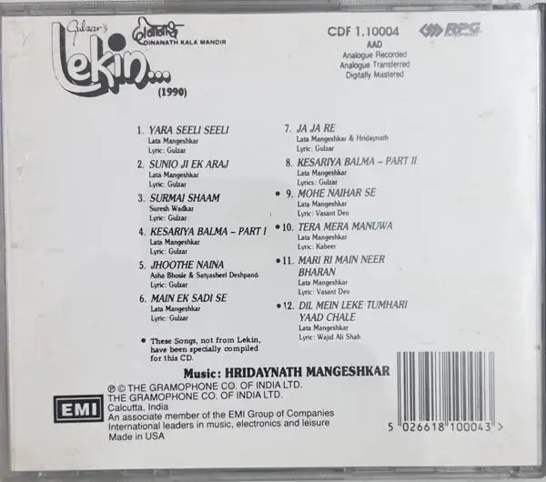 Lekin audio cd - Hindi Film songs - EMI CDF 1 10004 Made in England