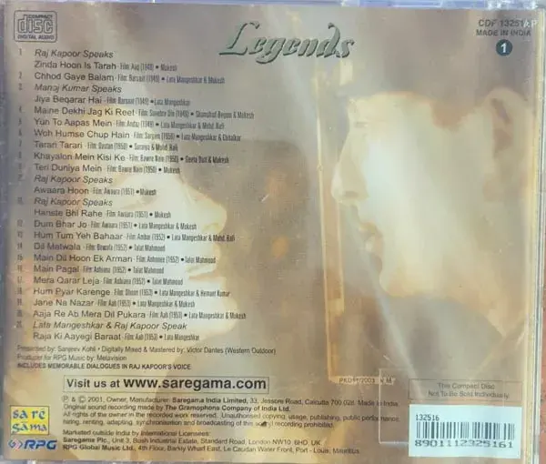 Legends - Raj Kapoor Vol.1 audio cd - Hindi Film Songs - Saregama CDF 132516