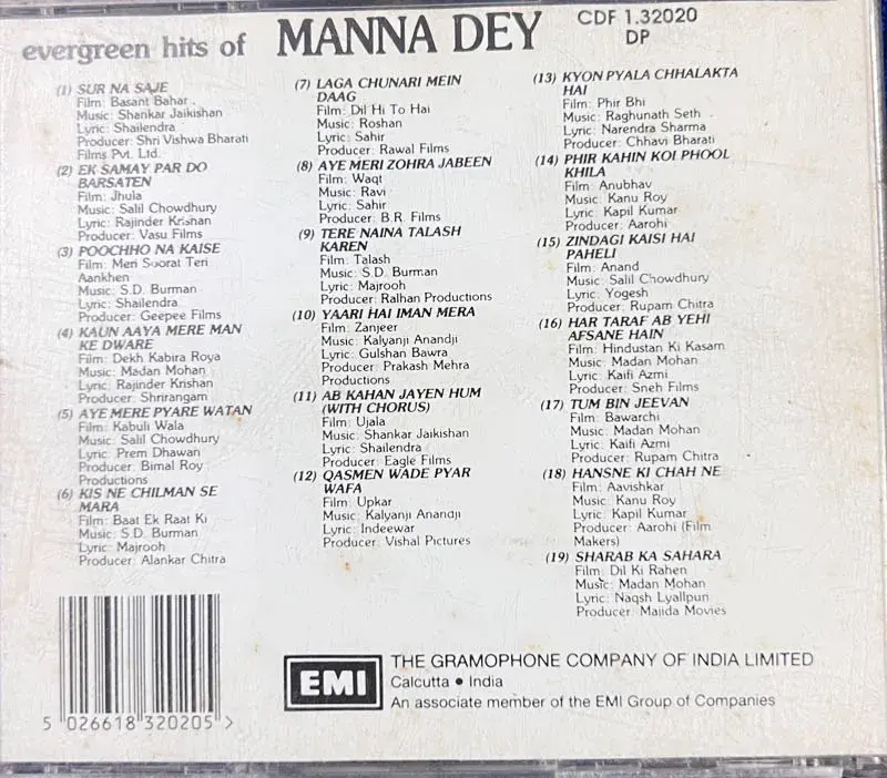 Evergreen Hits of Manna Dey cd - Hindi Film Songs - EMI Made in England