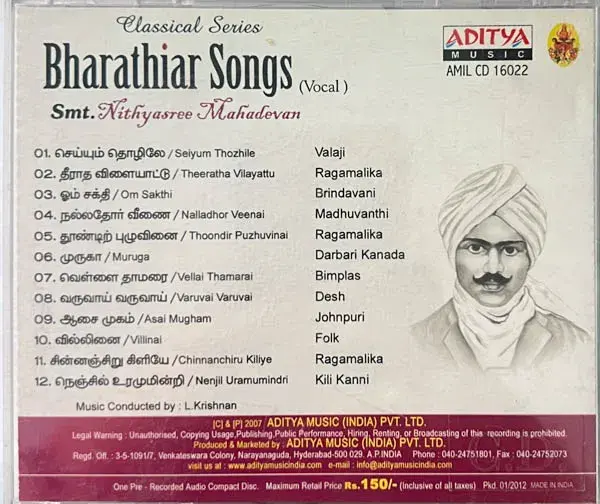 Thumbnail: Bharathiar Songs audio cd  -Tamil Film Songs -AVM AMIL CD 16022