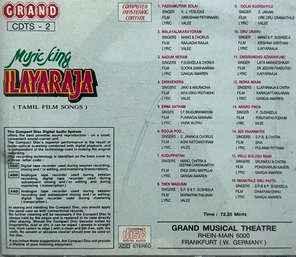 Music King Ilaiyaraaja audio cd - Tamil Film Songs - Grand CDTS 2