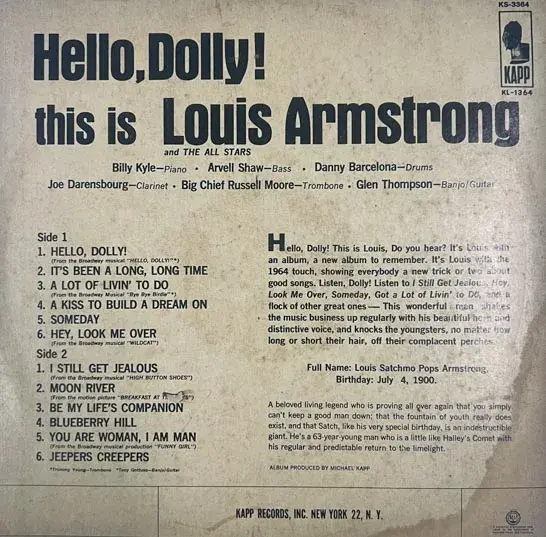 Hello Dolly! Louis Armstrong LP33.3rpm Vinyl  - English Songs - KAPP KL 1364