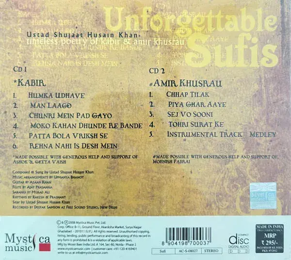 Thumbnail: Unforgettable Sufi -Ustad Shujaat Husan Khan-Gazahls-2 cd pack-Mystica-Sealed