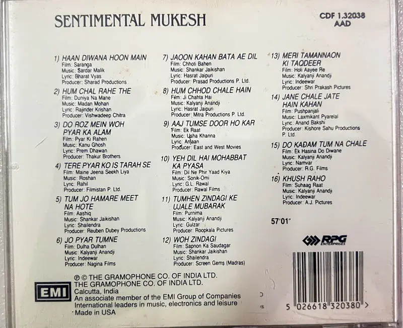 Sentimental Mukesh audio CD -  Hindi Film songs - EMI USA