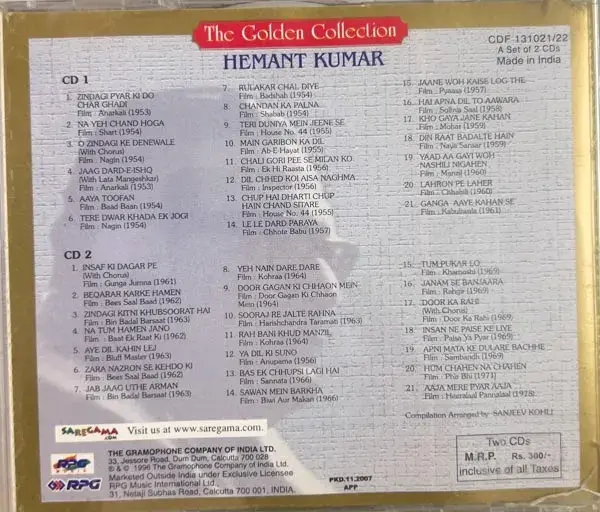 The Golden Years Of  Hemant  Kumar audio cd -2cd Pack Hindi Film Songs -Saregama