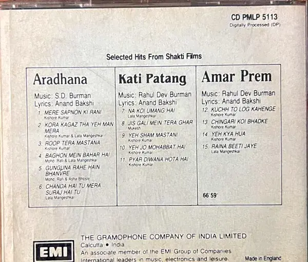 Aradhana - Kati Patang - Amar Prem audio cd-Hindi Film Songs-EMI Made In England