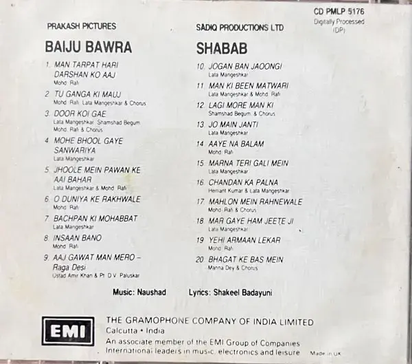 Baiju Bawra - Shabab audio cd - Hindi Film Songs - EMI Made In England