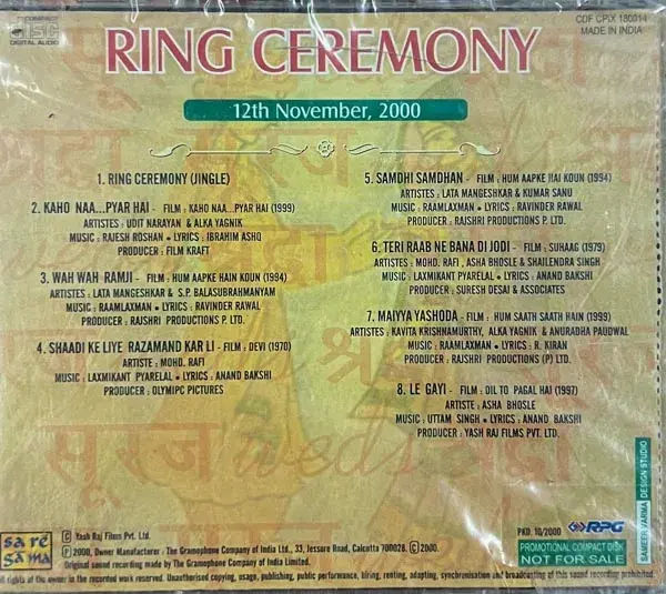 King Ceremony audio cd - Hindi Film songs - Sealed-Saregama CDF CPIX 180014