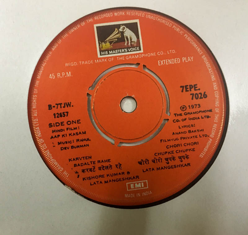 Aap Ki kasam Vinyl Record EP 45 rpm- Hindi Film Songs - HMV 7EPE 7026