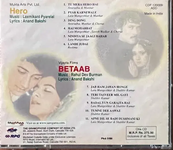 Hero and Betaab audio cd- Hindi Film Songs  - Saregama CDF 120009