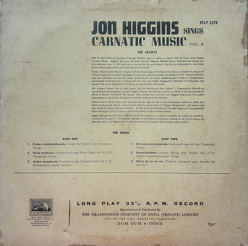 Jon Higgins Bhagavatar by Carnatic Music  Vol -2 -LP 33.3 rpm Vinyl Record -EMI
